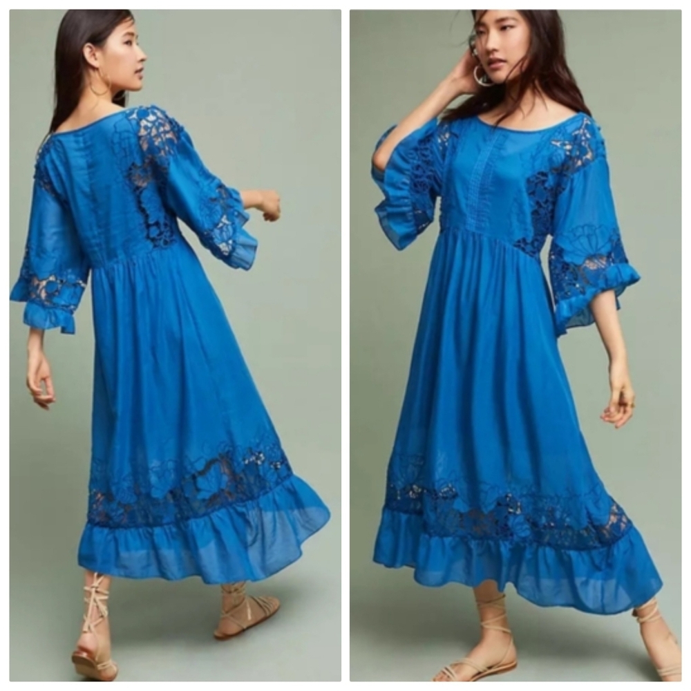 Anthropologie Akemi + Kin Meadow Blue Lace Maxi Dress Flutter Sleeves Size Xs